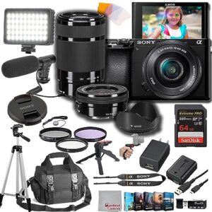 sony a6100 mirrorless camera with 16-50mm + 55-210mm lenses, 64gb extreem memory,videl microphone, led video light, case. tripod, filters, & professional video & photo editing software kit