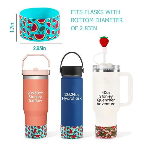2 Pcs of Silicone Cup Boot with Straw Cover for Stanley Cup Accessories, Silicone Base Water Bottle Bottom Sleeve for 40 oz 30 oz Tumbler Hydro Flask (Watermelon and Strawberry Silicon Boot)