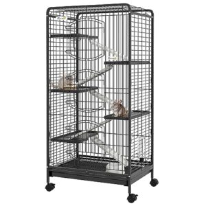 pawhut 6 level small animal cage for dwarf rabbits, pet minks, and chinchillas w/removable tray, ramp, water bottle, food dish, small pet cage for indoor use, black