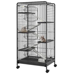 PawHut 6 Level Small Animal Cage for Dwarf Rabbits, Pet Minks, and Chinchillas w/Removable Tray, Ramp, Water Bottle, Food Dish, Small Pet Cage for Indoor Use, Black