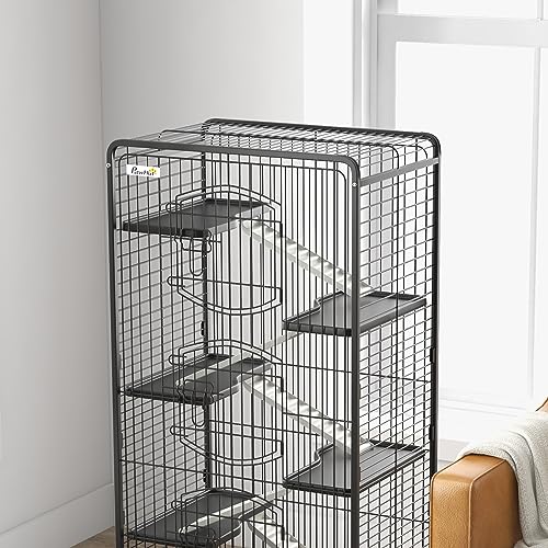 PawHut 6 Level Small Animal Cage for Dwarf Rabbits, Pet Minks, and Chinchillas w/Removable Tray, Ramp, Water Bottle, Food Dish, Small Pet Cage for Indoor Use, Black