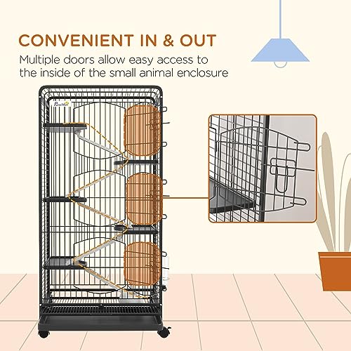 PawHut 6 Level Small Animal Cage for Dwarf Rabbits, Pet Minks, and Chinchillas w/Removable Tray, Ramp, Water Bottle, Food Dish, Small Pet Cage for Indoor Use, Black