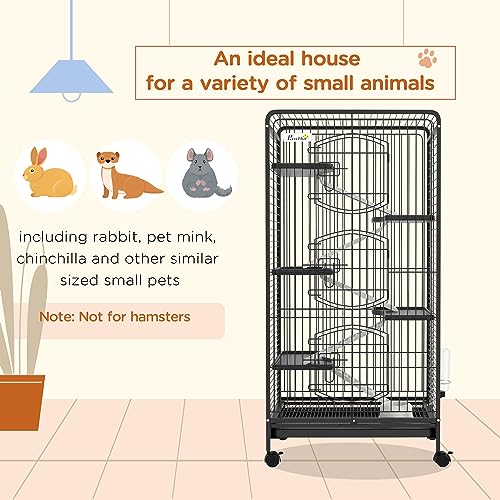 PawHut 6 Level Small Animal Cage for Dwarf Rabbits, Pet Minks, and Chinchillas w/Removable Tray, Ramp, Water Bottle, Food Dish, Small Pet Cage for Indoor Use, Black