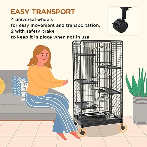 PawHut 6 Level Small Animal Cage for Dwarf Rabbits, Pet Minks, and Chinchillas w/Removable Tray, Ramp, Water Bottle, Food Dish, Small Pet Cage for Indoor Use, Black