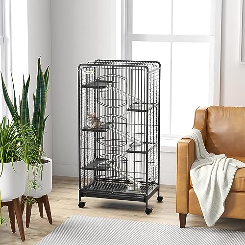 PawHut 6 Level Small Animal Cage for Dwarf Rabbits, Pet Minks, and Chinchillas w/Removable Tray, Ramp, Water Bottle, Food Dish, Small Pet Cage for Indoor Use, Black