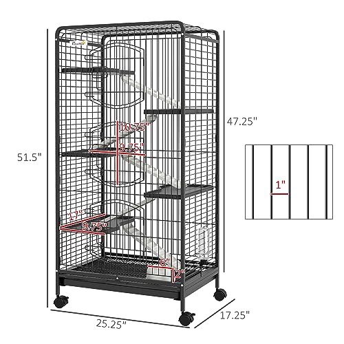 PawHut 6 Level Small Animal Cage for Dwarf Rabbits, Pet Minks, and Chinchillas w/Removable Tray, Ramp, Water Bottle, Food Dish, Small Pet Cage for Indoor Use, Black