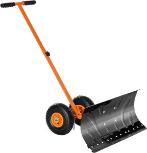 thunderbay snow shovel with wheels, snow pusher, cushioned adjustable angle handle snow removal tool, 29" blade, 10" wheels