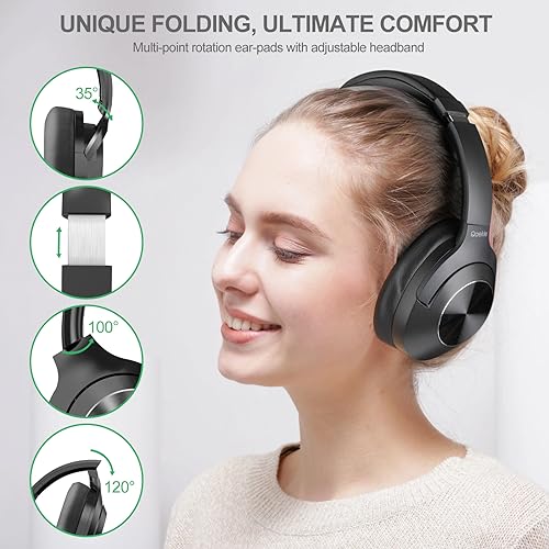 Qaekie Active Noise Cancelling Headphones - 100H Playtime Wireless Over Ear Bluetooth Headphones Deep Bass, Noise Canceling Wireless Headphones with Mic, HiFi Audio for Adults Travel/Home/Office