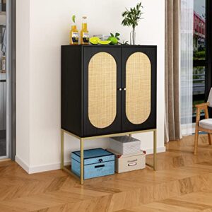 DHPM Natural Rattan 2 Door High, Sideboard Buffet Cupboard Accent Cabinet, Adjustable Shelves,Easy Assembly, Black