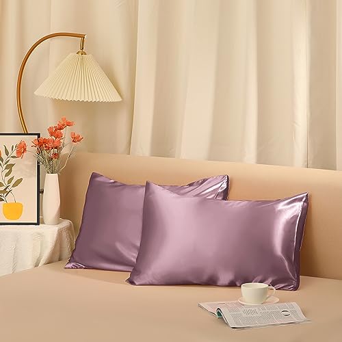 uxcell Satin Pillowcase for Hair and Skin Breathable and Soft Set of 2 with Envelope Closure, Gifts for Women Men Standard (20"x26") Bean Paste Color