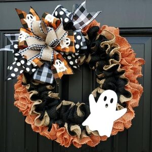 werdecade 15.75inch halloween burlap wreath autumn wreaths for front door farmhouse wreath with buffalo plaid bows for fall decorations indoor outdoor (black)