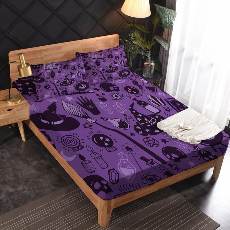 zcsm Witchcraft Sheets California King Size - Halloween Witchy Bed Sheets for Kids Boys Girls, Soft Microfiber & Deep Pocket & Wrinkle Free, 1 Fitted Sheet, 1 Flat Sheet, 2 Pillow Cases