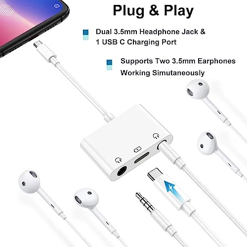 USB C to Dual 3.5mm Headphone Adapter 3-in-1 Type C to Headphone Jack Splitter with Fast Charging Port USB C to Dual Earphone Converter Compatible with iPad Pro Galaxy Pixel HTC etc