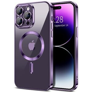 hython magnetic clear case for iphone 14 pro case [compatible with magsafe] [full camera lens protection] luxury plating edge slim soft tpu cover shockproof protective phone case, purple
