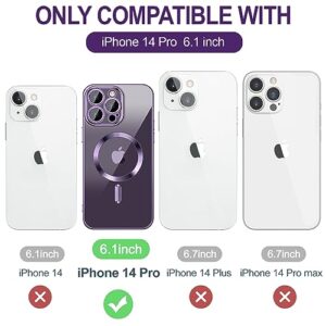 Hython Magnetic Clear Case for iPhone 14 Pro Case [Compatible with MagSafe] [Full Camera Lens Protection] Luxury Plating Edge Slim Soft TPU Cover Shockproof Protective Phone Case, Purple