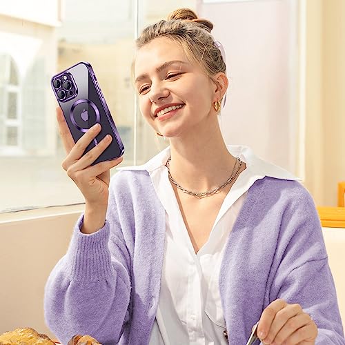 Hython Magnetic Clear Case for iPhone 14 Pro Case [Compatible with MagSafe] [Full Camera Lens Protection] Luxury Plating Edge Slim Soft TPU Cover Shockproof Protective Phone Case, Purple