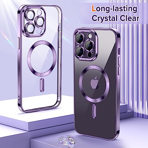 Hython Magnetic Clear Case for iPhone 14 Pro Case [Compatible with MagSafe] [Full Camera Lens Protection] Luxury Plating Edge Slim Soft TPU Cover Shockproof Protective Phone Case, Purple