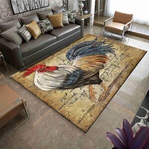 rooster area rugs, 5x7ft, fbig cock walks rug, vintage english alphabet brown background pattern carpet, for bedroom, living room, kids room, playroom