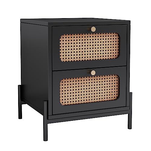 Modern 2-Drawer Nightstand Side Table End Table,Cannage Rattan Wood Closet for Bedroom, Living Room, Entryway, Hallway (Black+Rattan2)