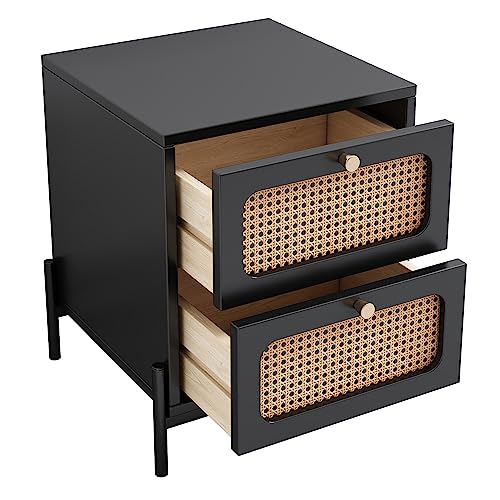 Modern 2-Drawer Nightstand Side Table End Table,Cannage Rattan Wood Closet for Bedroom, Living Room, Entryway, Hallway (Black+Rattan2)