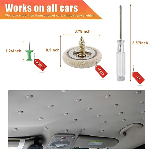 Kewucn 60 PCS Car Roof Headliner Repair Kit, Vehicle Roof Snap Rivets Retainer with Installation Tool, Auto Interior Ceiling Cloth Fixing Repair Button, Suitable for Most Cars (Beige Flannelette)