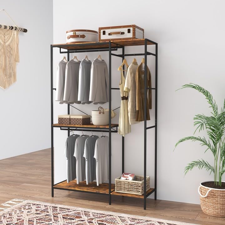 Wollmix Clothes Rack,Clothes Rack with Shelves,Freestanding Closet Organizer for Living Bedroom Room Kitchen Bathroom Entryway Office Storage Shelves Clothes Hanging Rack,Rustic Brown