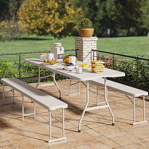 YITAHOME 6ft Portable Picnic Table Bench Set, Heavy Duty Camping Picnic Table Set, Fold up Picnic Table for Outdoor Camping Picnic Parties/Indoor Events, White