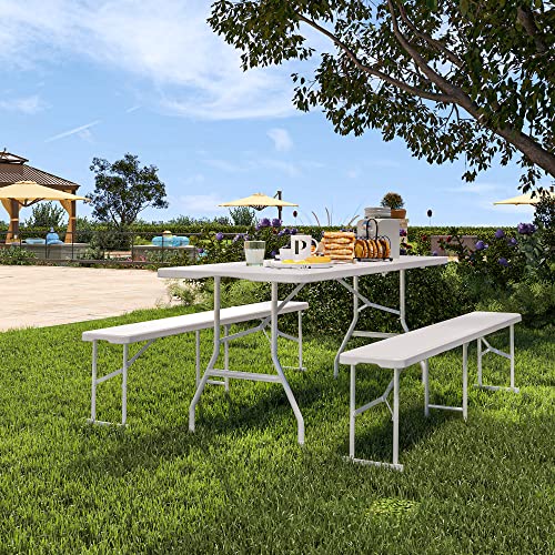 YITAHOME 6ft Portable Picnic Table Bench Set, Heavy Duty Camping Picnic Table Set, Fold up Picnic Table for Outdoor Camping Picnic Parties/Indoor Events, White