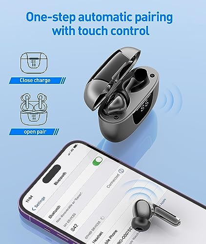 Vtkp Bluetooth Headphones True Wireless Earbuds 60H Playback LED Power Display Earphones with Wireless Charging Case IPX7 Waterproof in-Ear Earbuds with Mic for TV Smart Phone Computer Laptop Sports