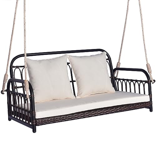 Tangkula Outdoor Wicker Porch Swing, 2-Person Hanging Seat with Seat & Back Cushions, Heavy-Duty Metal Frame & 2 Sturdy Hanging Ropes, Wicker Woven Swing Loveseat for Front Porch, Backyard (Off White)