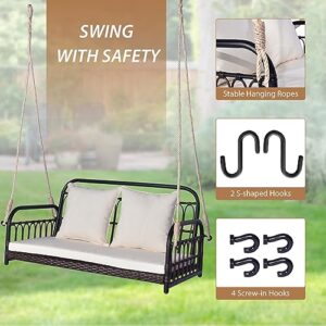 Tangkula Outdoor Wicker Porch Swing, 2-Person Hanging Seat with Seat & Back Cushions, Heavy-Duty Metal Frame & 2 Sturdy Hanging Ropes, Wicker Woven Swing Loveseat for Front Porch, Backyard (Off White)