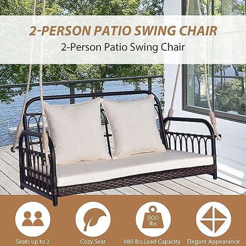 Tangkula Outdoor Wicker Porch Swing, 2-Person Hanging Seat with Seat & Back Cushions, Heavy-Duty Metal Frame & 2 Sturdy Hanging Ropes, Wicker Woven Swing Loveseat for Front Porch, Backyard (Off White)