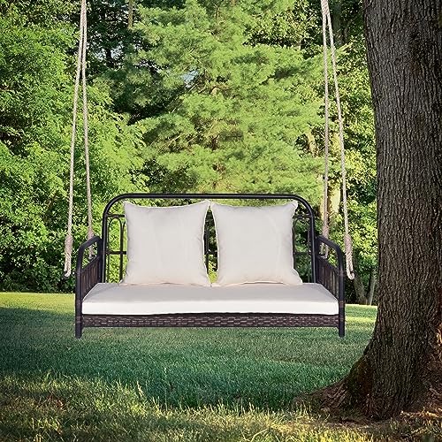 Tangkula Outdoor Wicker Porch Swing, 2-Person Hanging Seat with Seat & Back Cushions, Heavy-Duty Metal Frame & 2 Sturdy Hanging Ropes, Wicker Woven Swing Loveseat for Front Porch, Backyard (Off White)