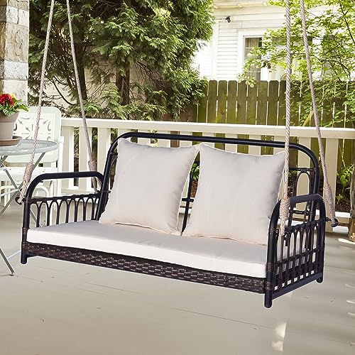 Tangkula Outdoor Wicker Porch Swing, 2-Person Hanging Seat with Seat & Back Cushions, Heavy-Duty Metal Frame & 2 Sturdy Hanging Ropes, Wicker Woven Swing Loveseat for Front Porch, Backyard (Off White)