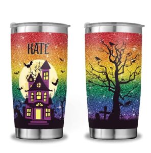 lizzhome personalized halloween tumbler witches 20 oz travel coffee mug, rainbow glitter haunted house coffee cups halloween for friends, family, fall & halloween tumbler