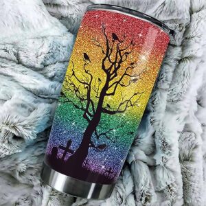 LIZZHOME Personalized Halloween Tumbler Witches 20 oz Travel Coffee Mug, Rainbow Glitter Haunted House Coffee Cups Halloween for Friends, Family, Fall & Halloween Tumbler