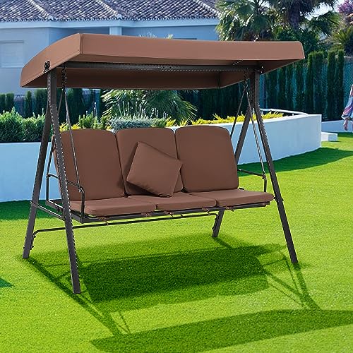 STMHOM 3-Seat Extended Outdoor Swing,Patio Swing Chair with Canopy,Swing Chairs for Outside,Porch Swings Bed Outdoor with Stand,Adjustable Shade, Removable Cushions,Backyard Swing,Garden Swing,Brown