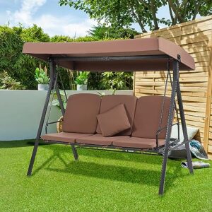 STMHOM 3-Seat Extended Outdoor Swing,Patio Swing Chair with Canopy,Swing Chairs for Outside,Porch Swings Bed Outdoor with Stand,Adjustable Shade, Removable Cushions,Backyard Swing,Garden Swing,Brown