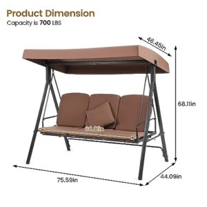 STMHOM 3-Seat Extended Outdoor Swing,Patio Swing Chair with Canopy,Swing Chairs for Outside,Porch Swings Bed Outdoor with Stand,Adjustable Shade, Removable Cushions,Backyard Swing,Garden Swing,Brown