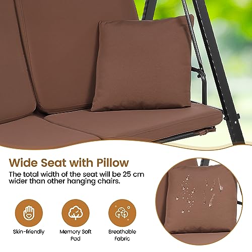 STMHOM 3-Seat Extended Outdoor Swing,Patio Swing Chair with Canopy,Swing Chairs for Outside,Porch Swings Bed Outdoor with Stand,Adjustable Shade, Removable Cushions,Backyard Swing,Garden Swing,Brown