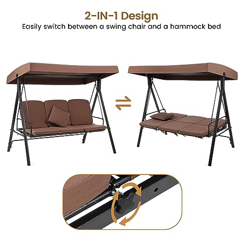 STMHOM 3-Seat Extended Outdoor Swing,Patio Swing Chair with Canopy,Swing Chairs for Outside,Porch Swings Bed Outdoor with Stand,Adjustable Shade, Removable Cushions,Backyard Swing,Garden Swing,Brown