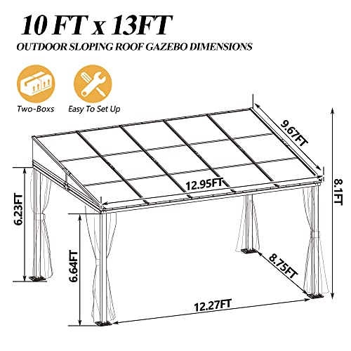 GARTOO 10' x 13' Outdoor Wall-Mounted Hardtop Gazebo, Aluminum Frame Pergola Sunroom with Sloping Polycarbonate Roof & Double Curtains for Garden, Lawn, Party, Deck