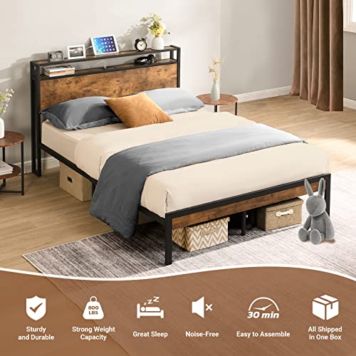 Zevemomo Queen Bed Frame with 2-Tier Storage Headboard and Power Outlets, USB Ports Charging Station, Heavy Duty Metal Platform Bed Frame 800 LBS Weight Capacity, Noise-Free & No Box Spring Needed