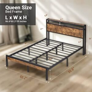 Zevemomo Queen Bed Frame with 2-Tier Storage Headboard and Power Outlets, USB Ports Charging Station, Heavy Duty Metal Platform Bed Frame 800 LBS Weight Capacity, Noise-Free & No Box Spring Needed
