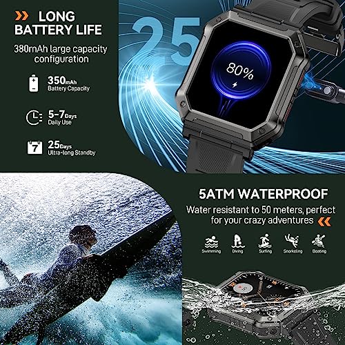 INEYES Military Smart Watch for Men (Make/Answer Call), HD Outdoor Rugged Tactical Smartwatch, Sport Fitness Tracker with Heart Rate Blood Pressure Sleep Monitor for iPhone Android Phones