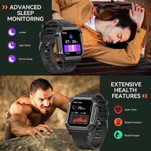 INEYES Military Smart Watch for Men (Make/Answer Call), HD Outdoor Rugged Tactical Smartwatch, Sport Fitness Tracker with Heart Rate Blood Pressure Sleep Monitor for iPhone Android Phones