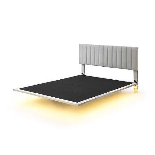Floating Bed Frame Queen Size Upholstered Bed with Sensor Light and Headboard, Floating Velvet Platform Bed, No Box Spring Needed for Kids Teens Adults,Gray