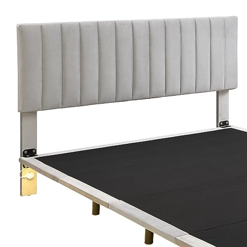 Floating Bed Frame Queen Size Upholstered Bed with Sensor Light and Headboard, Floating Velvet Platform Bed, No Box Spring Needed for Kids Teens Adults,Gray