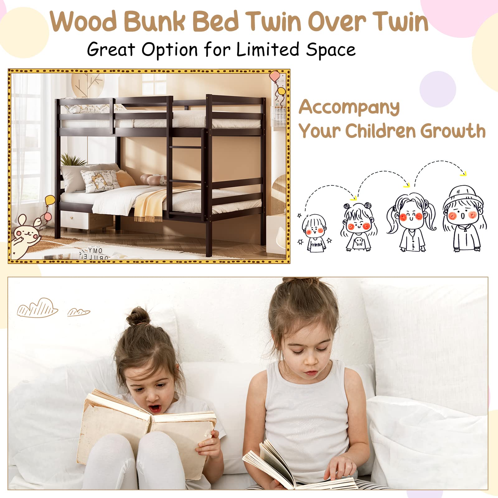 GORELAX Twin Over Twin Bunk Bed, Space Saving Wood Bed Frame w/Under Bed Storage, Ladder & Guardrail, Dorm & Multichild Family, Modern Bunk Bed for Kids, Teens, Sleepovers, Adults (Espresso)