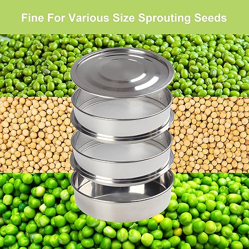 KCGANI Stainless Steel Seed Sprouting Kit, 3-Tier Stackable Microgreens Growing Trays with Base and Lid, Mesh Germination Tray Sprouts Growing Set for Growing Fresh Broccoli Bean Alfalfa Wheat Grass